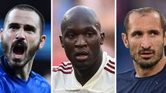 A combination of file pictures created on July 1, 2021 shows (L-R) Italy&#039;s defender Leonardo Bonucci, Belgium&#039;s forward Romelu Lukaku and  Italy&#039;s defender Giorgio Chiellini. - Belgium face Italy in their UEFA EURO 2020 quarter-final footba