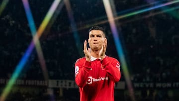MANCHESTER, ENGLAND - AUGUST 22: Cristiano Ronaldo of Manchester United reacts at the end of the Premier League match between Manchester United and Liverpool FC at Old Trafford on August 22, 2022 in Manchester, United Kingdom. (Photo by Ash Donelon/Manchester United via Getty Images)