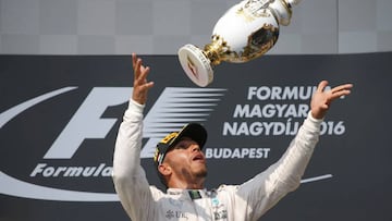 Hungary Formula One - F1 - Hungarian Grand Prix 2016 - Hungaroring, Hungary - 24/7/16 Mercedes' Lewis Hamilton celebrates after winning the race
