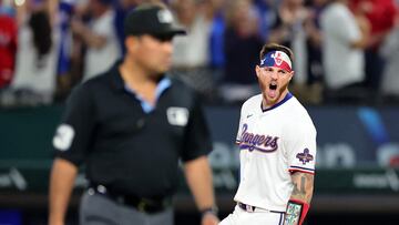 ARLINGTON, TEXAS - MARCH 28: Jonah Heim #28 of the Texas Rangers celebrates a walk off single to defeat the Chicago Cubs in the Opening Day game at Globe Life Field on March 28, 2024 in Arlington, Texas.   Stacy Revere/Getty Images/AFP (Photo by Stacy Revere / GETTY IMAGES NORTH AMERICA / Getty Images via AFP)