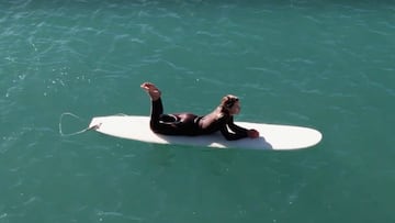 Mujer esperando sobre su tabla de surf en el pico