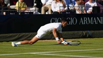 Novak Djokovic slips during his ATP EXHO singles match against Felix Auger Aliassime on day two of the Giorgio Armani Tennis Classic at the Hurlingham tennis club. Picture date: Wednesday June 22, 2022. (Photo by John Walton/PA Images via Getty Images)