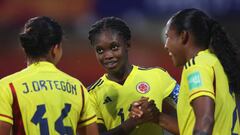 GOA, INDIA - OCTOBER 18: Linda Caicedo of Colombia is congratulated on scoring her teams second goal during the FIFA U-17 Women's World Cup 2022 Group C match between Colombia and Mexico at Pandit Jawaharlal Nehru Stadium on October 18, 2022 in Goa, India. (Photo by Matthew Lewis - FIFA/FIFA via Getty Images)