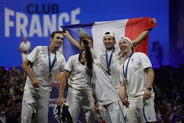 France's BMX medallist Sylvain Andre takes a selfie with Christophe Laporte, Valentin Madouas, Joris Daudet and Romain Mahie.