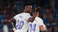 Real Madrid&#039;s Brazilian forward Vinicius Junior celebrates scoring his team&#039;s third goal during the Spanish League football match between Levante UD and Real Madrid CF at the Ciutat de Valencia stadium in Valencia on August 22, 2021. (Photo by J