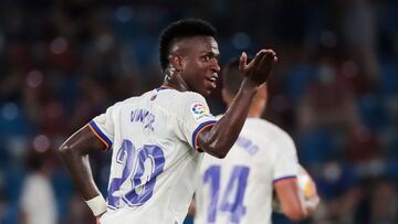 Real Madrid's Brazilian forward Vinicius Junior celebrates scoring his team's third goal during the Spanish League football match between Levante UD and Real Madrid CF at the Ciutat de Valencia stadium in Valencia on August 22, 2021. (Photo by J