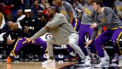 NEW ORLEANS, LOUISIANA - MARCH 14: LeBron James #6 of the Los Angeles Lakers reacts after a Malik Beasley #5 of the Los Angeles Lakers' three-point basket during the first quarter of an NBA game against the New Orleans Pelicans at Smoothie King Center on March 14, 2023 in New Orleans, Louisiana. NOTE TO USER: User expressly acknowledges and agrees that, by downloading and or using this photograph, User is consenting to the terms and conditions of the Getty Images License Agreement.   Sean Gardner/Getty Images/AFP (Photo by Sean Gardner / GETTY IMAGES NORTH AMERICA / Getty Images via AFP)