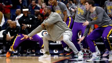 NEW ORLEANS, LOUISIANA - MARCH 14: LeBron James #6 of the Los Angeles Lakers reacts after a Malik Beasley #5 of the Los Angeles Lakers' three-point basket during the first quarter of an NBA game against the New Orleans Pelicans at Smoothie King Center on March 14, 2023 in New Orleans, Louisiana. NOTE TO USER: User expressly acknowledges and agrees that, by downloading and or using this photograph, User is consenting to the terms and conditions of the Getty Images License Agreement.   Sean Gardner/Getty Images/AFP (Photo by Sean Gardner / GETTY IMAGES NORTH AMERICA / Getty Images via AFP)