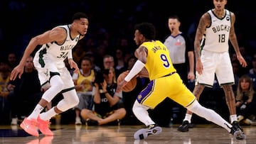 LOS ANGELES, CALIFORNIA - MARCH 20: Bronny James #9 of the Los Angeles Lakers drives to the basket against Giannis Antetokounmpo #34 of the Milwaukee Bucks during the second quarter at Crypto.com Arena on March 20, 2025 in Los Angeles, California. NOTE TO USER: User expressly acknowledges and agrees that, by downloading and or using this photograph, User is consenting to the terms and conditions of the Getty Images License Agreement. Katelyn Mulcahy/Getty Images/AFP (Photo by Katelyn Mulcahy / GETTY IMAGES NORTH AMERICA / Getty Images via AFP)