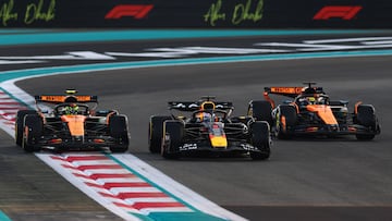 ABU DHABI, UNITED ARAB EMIRATES - DECEMBER 07: Max Verstappen of the Netherlands driving the (1) Oracle Red Bull Racing RB21 Lando Norris of Great Britain driving the (4) McLaren MCL39 Mercedes and Oscar Piastri of Australia driving the (81) McLaren MCL39 Mercedes on the formation lap during the F1 Grand Prix of Abu Dhabi at Yas Marina Circuit on December 07, 2025 in Abu Dhabi, United Arab Emirates. (Photo by Clive Rose/Getty Images) // Getty Images / Red Bull Content Pool // SI202512070209 // Usage for editorial use only //