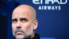 Manchester City's Spanish manager Pep Guardiola reacts during the English Premier League football match between Manchester City and Leicester City at the Etihad Stadium in Manchester, north west England, on April 15, 2023. (Photo by Lindsey Parnaby / AFP) / RESTRICTED TO EDITORIAL USE. No use with unauthorized audio, video, data, fixture lists, club/league logos or 'live' services. Online in-match use limited to 120 images. An additional 40 images may be used in extra time. No video emulation. Social media in-match use limited to 120 images. An additional 40 images may be used in extra time. No use in betting publications, games or single club/league/player publications. / 