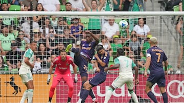 Apr 19, 2025; Austin, Texas, USA; LA Galaxy defender Carlos Emiro Garcés (25) deflects the ball in front of the goal during the first half against Austin FC at Q2 Stadium. Mandatory Credit: Scott Wachter-Imagn Images