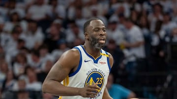 May 8, 2025; Minneapolis, Minnesota, USA; Golden State Warriors forward Draymond Green (23) dribbles the ball against the Minnesota Timberwolves in the second half during game two of the second round for the 2025 NBA Playoffs at Target Center. Mandatory Credit: Jesse Johnson-Imagn Images