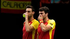 Tennis - Davis Cup - Group B - Spain v Republic of Korea - Pavello Municipal Font de Sant Lluis, Valencia, Spain - September 18, 2022 Spain's Marcel Granollers and Pedro Martinez during their doubles match against Republic of Korea's Nam Ji-sung and Song Min-kyu REUTERS/Pablo Morano