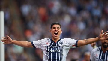 Victor Guzman celebra su gol 1-0 de Monterrey durante el partido Monterrey vs FC Juarez, Correspondiente a la Jornada 10 del Torneo Clausura 2023 de la Liga BBVA MX, en el Estadio BBVA Bancomer, el 04 de Marzo de 2023.