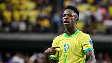 Brazil's forward #07 Vinicius Junior celebrates scoring his team's third goal during the Conmebol 2024 Copa America tournament group D football match between Paraguay and Brazil at Allegiant Stadium in Las Vegas, Nevada on June 28, 2024. (Photo by Frederic J. Brown / AFP)