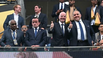 Mexican Football Federation Mikel Arriola (2nd R), FIFA President Gianni Infantino (2nd R) and Concacaf President Victor Montagliani attend the Concacaf Gold Cup final football match between Mexico and USA at NRG Stadium in Houston, Texas on July 6, 2025. (Photo by Chandan Khanna / AFP)