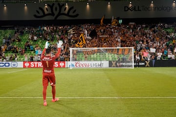 Aug 3, 2024; Austin, Texas, USA; Pumas UNAM goalkeeper Julio Gonzalez (1) acknowledges fans after a victory over CF Monterrey at Q2 Stadium. Mandatory Credit: Scott Wachter-USA TODAY Sports