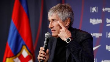 Soccer Football - Quique Setien unveiled as FC Barcelona new coach - Camp Nou, Barcelona, Spain - January 14, 2020 New FC Barcelona coach Quique Setien during the press conference REUTERS/Albert Gea