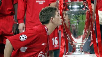 FILE - In this Wednesday, May 25, 2005 file photo, Liverpool's captain Steven Gerrard kisses the trophy after Liverpool beat AC Milan on penalties to win the Champions League final at the Ataturk Olympic Stadium in Istanbul. Gerrard, the former Liverpool and England captain, announced his retirement from professional soccer on Thursday, Nov. 24, 2016 and said he is considering a "number of options" about his next career move. (AP Photo/Thomas Kienzle, File)