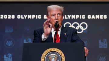 U.S. President Donald Trump delivers remarks after signing an executive order to create a White House Olympics task force to handle security and other issues related to the LA 2028 summer Olympics in the South Court Auditorium on the White House campus in Washington, D.C., U.S., August 5, 2025. REUTERS/Jonathan Ernst