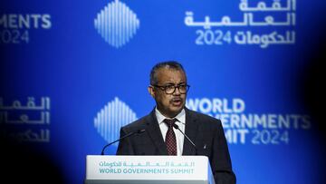 Director-General of the World Health Organisation (WHO) Dr. Tedros Adhanom Ghebreyesus speaks as he attends a session of the World Governments Summit, in Dubai, United Arab Emirates, February 12, 2024. REUTERS/Amr Alfiky