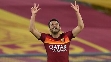 ROME, ITALY - MAY 15: Pedro Eliezer Rodríguez Ledesma of AS Roma celebrates after scoring goal to make it 2-0 during the Serie A match between AS Roma and SS Lazio at Stadio Olimpico on May 15, 2021 Rome,Italy.Sporting stadiums around Italy remai
