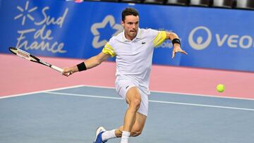 Spain&#039;s Roberto Bautista Agut returns the ball to France&#039;s Ugo Humbert during their singles tennis match at the Open Sud  de France ATP World Tour in Montpellier, southern France, on February 26, 2021. (Photo by Pascal GUYOT / AFP)