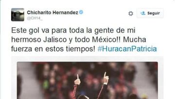 Chicharito Hern&aacute;ndez dedica su gol a los habitantes de Jalisco y M&eacute;xico para darles &aacute;nimo ante la llegada del Hurac&aacute;n Patricia