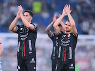 Juan Ramirez and Sebastien Salles-Lamonge of San Luis during the 13th round match between Monterrey and Atletico de San Luis as part of the Liga BBVA MX Varonil, Torneo Clausura 2026 at BBVA Bancomer Stadium, on April 04, 2026 in Monterrey, Nuevo Leon, Mexico.