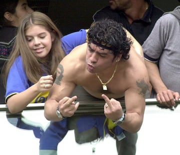 Diego Armando Maradona supporting Boca Juniors at La Bombonera.