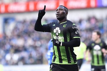 Cercle's Togolese forward #09 Kevin Denkey celebrates scoring his team's first goal during the Belgian "Pro League" First Division football match between KRC Genk and Cercle Brugge at the Cegeka Arena in Genk on January 20, 2024. (Photo by Johan Eyckens / BELGA / AFP) / Belgium OUT