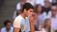 El tenista español Carlos Alcaraz reacciona durante su partido ante Lorenzo Musetti en la final del ATP 500 de Hamburgo.