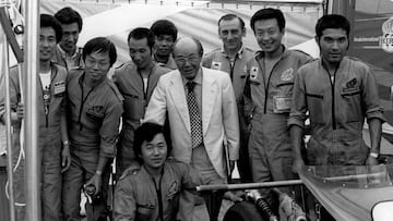 Soichiro Honda, Grand Prix of Great Britain, Brands Hatch, 13 July 1980. Soichiro Honda surrounded by Honda motorcycle Grand Prix mechanics. (Photo by Bernard Cahier/Getty Images)