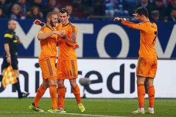 The 'BBC' celebrate as Real thump Schalke 6-1 in Gelsenkirchen in 2013-14.