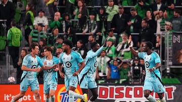 AUSTIN, TEXAS - FEBRUARY 21: Kelvin Yeboah #9 of Minnesota United FC and teammates react after Yeboah scored the match-tying goal during the second half against Austin FC at Q2 Stadium on February 21, 2026 in Austin, Texas. Scott Wachter/Getty Images/AFP (Photo by Scott Wachter / GETTY IMAGES NORTH AMERICA / Getty Images via AFP)