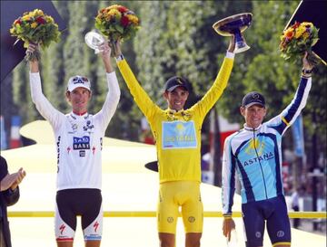 Tour de Francia de 2009. Alberto Contador junto a Andy Schleck y Lance Armstrong.