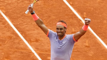 Spain's Rafael Nadal celebrates after winning against Argentina's Pedro Cachin during the third round of the 2024 ATP Tour Madrid Open tournament tennis match at Caja Magica in Madrid on April 29, 2024. (Photo by OSCAR DEL POZO / AFP)