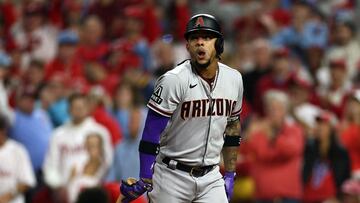 PHILADELPHIA, PENNSYLVANIA - OCTOBER 24: Ketel Marte #4 of the Arizona Diamondbacks strikes out against the Philadelphia Phillies during the fifth inning in Game Seven of the Championship Series at Citizens Bank Park on October 24, 2023 in Philadelphia, Pennsylvania.   Elsa/Getty Images/AFP (Photo by ELSA / GETTY IMAGES NORTH AMERICA / Getty Images via AFP)