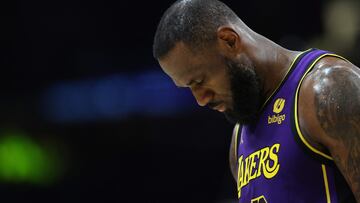 LOS ANGELES, CALIFORNIA - MARCH 22: LeBron James #23 of the Los Angeles Lakers looks on during the second half of a game against the Philadelphia 76ers at Crypto.com Arena on March 22, 2024 in Los Angeles, California. NOTE TO USER: User expressly acknowledges and agrees that, by downloading and/or using this photograph, user is consenting to the terms and conditions of the Getty Images License Agreement. Sean M. Haffey/Getty Images/AFP (Photo by Sean M. Haffey / GETTY IMAGES NORTH AMERICA / Getty Images via AFP)