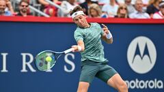 MONTREAL, QUEBEC - AUGUST 12: Casper Ruud of Norway hits a return against Felix Auger-Aliassime of Canada during Day 7 of the National Bank Open at Stade IGA on August 12, 2022 in Montreal, Canada.   Minas Panagiotakis/Getty Images/AFP
== FOR NEWSPAPERS, INTERNET, TELCOS & TELEVISION USE ONLY ==