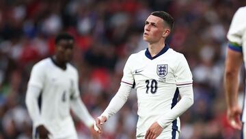 England's midfielder #10 Phil Foden reacts during the International friendly football match between England and Iceland at Wembley Stadium in London on June 7, 2024. (Photo by HENRY NICHOLLS / AFP) / NOT FOR MARKETING OR ADVERTISING USE / RESTRICTED TO EDITORIAL USE