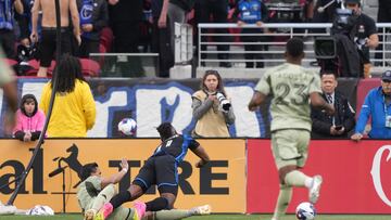 May 6, 2023; Santa Clara, California, USA; San Jose Earthquakes forward Jeremy Ebobisse (11) is fouled by Los Angeles FC defender Denil Maldonado (left) resulting in a penalty kick during the second half at Levi's Stadium. Mandatory Credit: Darren Yamashita-USA TODAY Sports