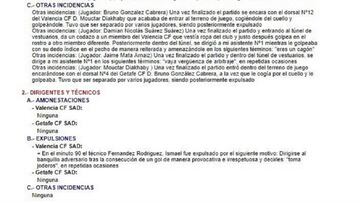El acta del partido entre el Valencia y el Getafe redactado por Estrada Fernández.