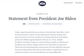 The beginning of a statement by U.S. President Joe Biden announcing the pardoning of his son Hunter Biden is seen in a screenshot from the official White House website, in Washington, U.S. December 1, 2024.  The White House/Handout via REUTERS  THIS IMAGE HAS BEEN SUPPLIED BY A THIRD PARTY