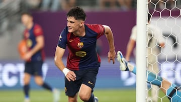 Barcelona's Spanish forward #08 Pau Victor celebrates after scoring a goal during the pre-season club friendly football match between Real Madrid and Barcelona at MetLife Stadium in East Rutherford, New Jersey, August 3, 2024. (Photo by Charly TRIBALLEAU / AFP)