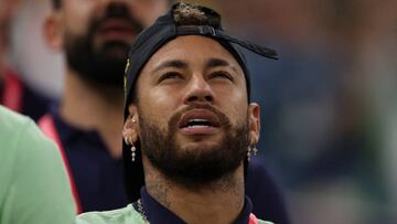 LUSAIL CITY, QATAR - DECEMBER 02: Neymar of Brazil sings the national anthem during the FIFA World Cup Qatar 2022 Group G match between Cameroon and Brazil at Lusail Stadium on December 02, 2022 in Lusail City, Qatar. (Photo by Richard Heathcote/Getty Images)