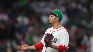 HOUSTON, TEXAS - MARCH 11: Javier Assad #77 of Team Mexico reacts in the second inning against Team Italy during the 2026 World Baseball Classic at Daikin Park on March 11, 2026 in Houston, Texas. Alex Slitz/Getty Images/AFP (Photo by Alex Slitz / GETTY IMAGES NORTH AMERICA / Getty Images via AFP)