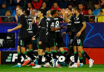 Soccer Football - Champions League - Girona v Feyenoord - Estadi Montilivi, Girona, Spain - October 2, 2024 Feyenoord's David Hancko celebrates their third goal, an own goal scored by Girona's Ladislav Krejci REUTERS/Albert Gea