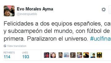 Evo Morales incendia Twitter con su felicitación al Real Madrid
